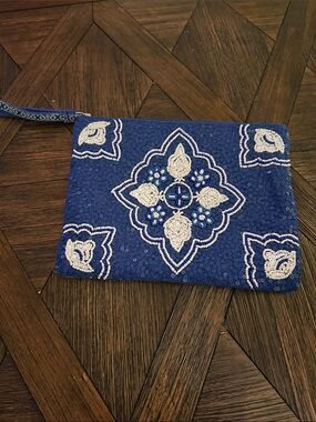 America & Beyond Blue White Hand-Beaded Embellished Top Zip Clutch Wristlet